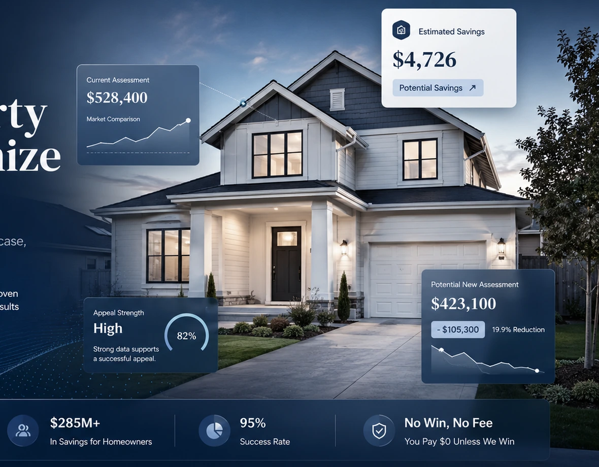 AppealTax property assessment and savings dashboard over a home